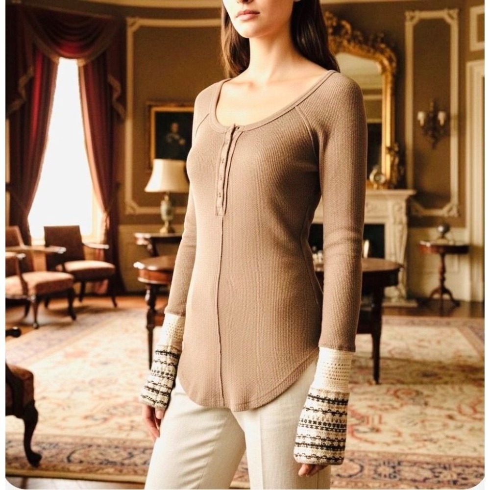 Free People‎ Boho Waffle Knit Henley Shirt Crochet Cuffs Women XS